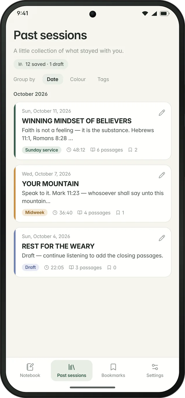 Saved sessions with passages and bookmarks